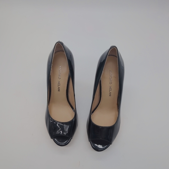 Antonio Melani Sz 6 Black Leather Peep-Toe Heels - Picture 4 of 10